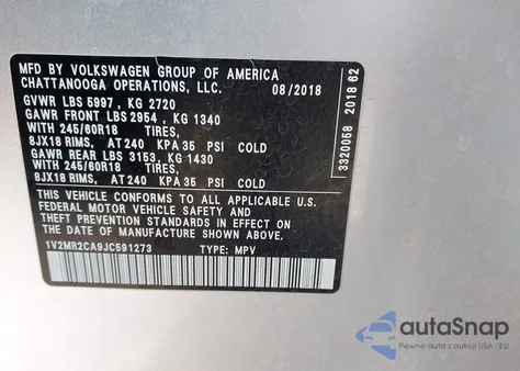 2018 Volkswagen Atlas 3.6L V6 Sel from USA, damaged, VIN 1V2MR2CA9JC591273